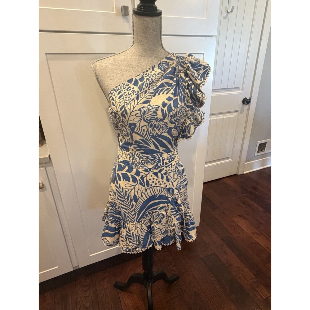 Poupette St Barth Dress M Blue Cream One Shoulder Ruffle Cotton Mini Resort